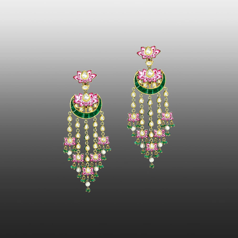 Pink-Green Lotus Enamel Earrings with Polkis